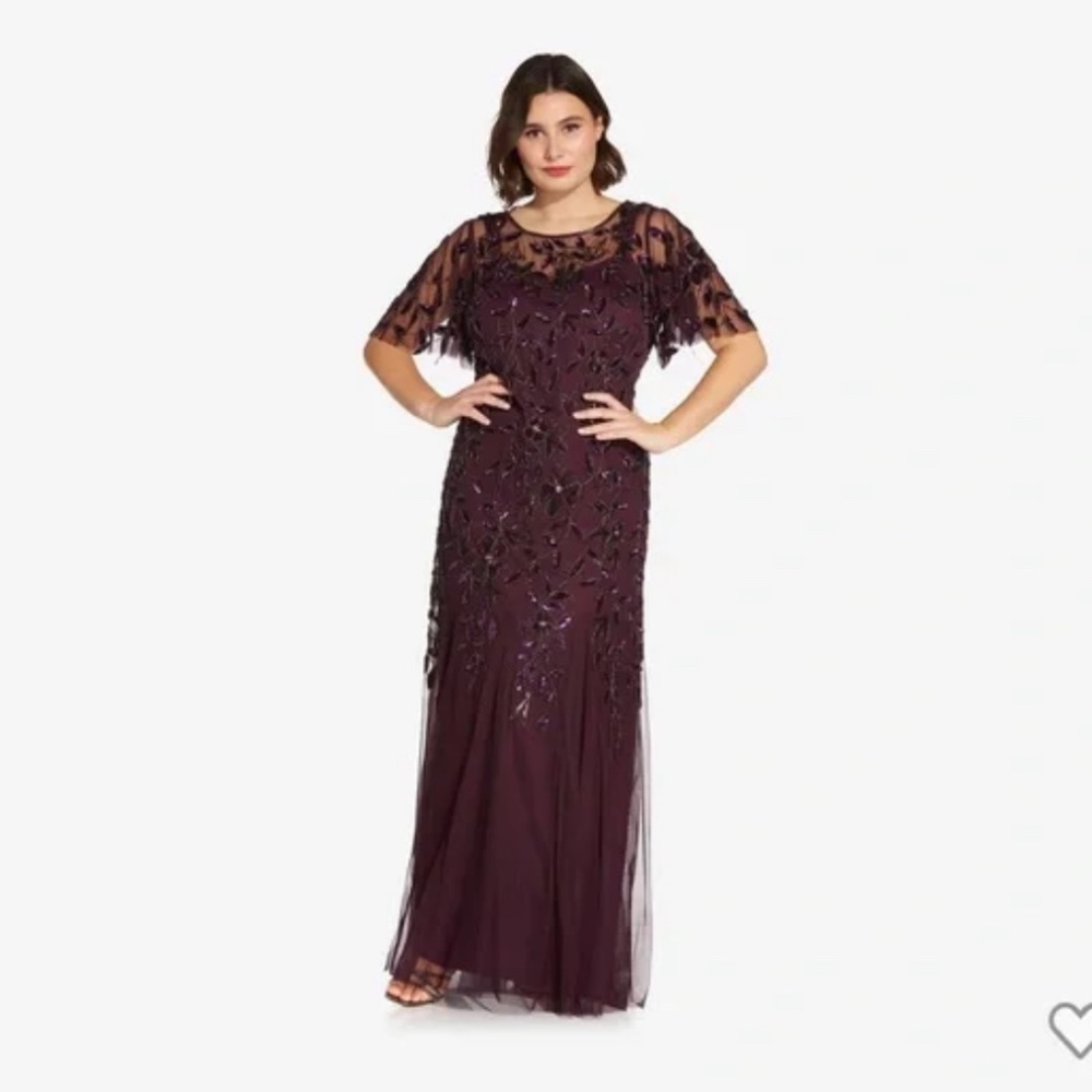 Adrianna Papell FLORAL BEADED GOWN WITH FLUTTER SLEEVES IN PLUM **NWT**
